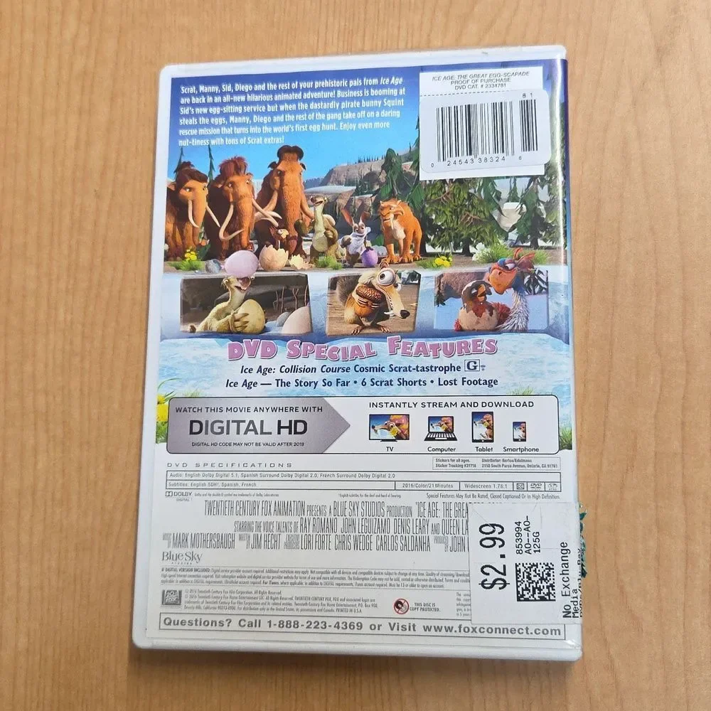 collection of Ice Age merchandise, including a VHS tape, two DVDs, Sid the Sloth